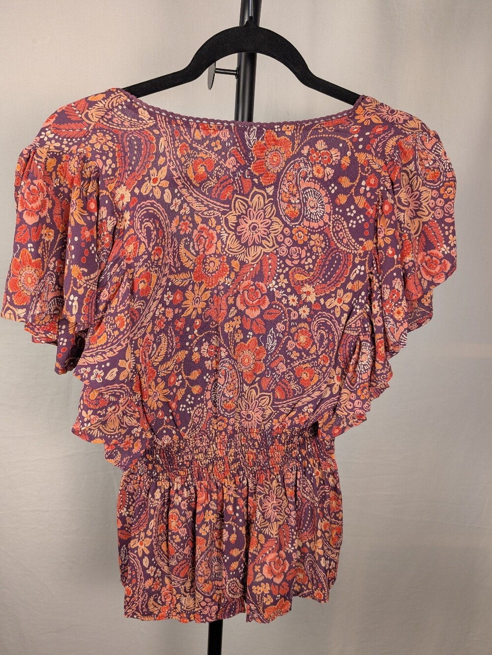 A-202 Angie Purple Paisley Floral Smocked Peplum Blouse NWT Large - Picture 3 of 12